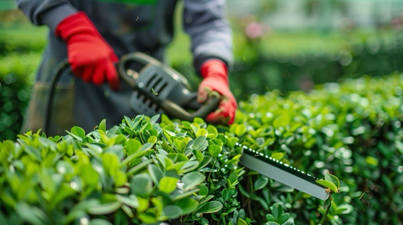 Electric hedge trimmer in use